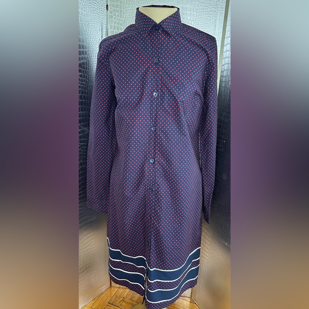 Tommy Hilfiger Navy Midi Shirt Dress with Red Dot Print and Striped Hem